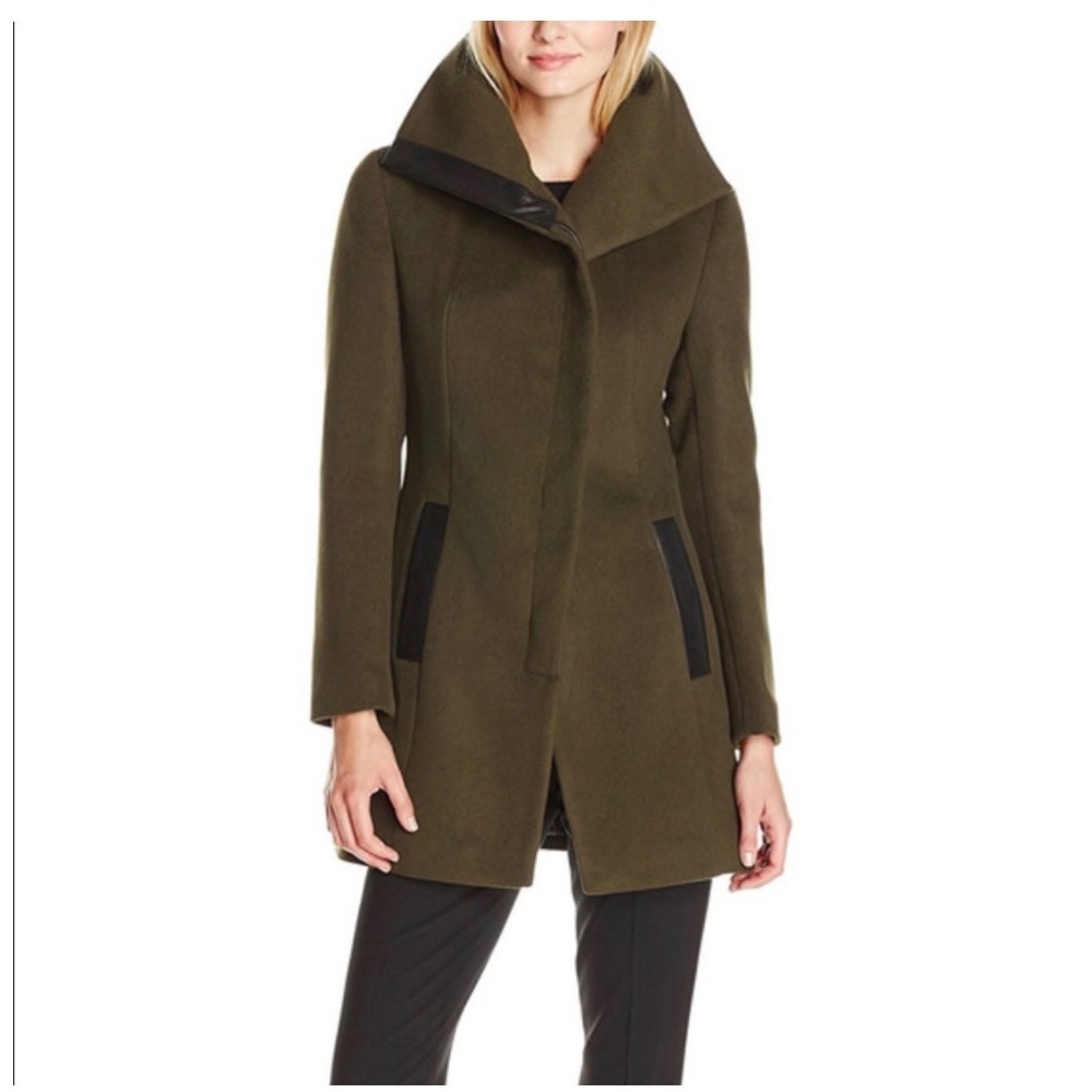 Soia & Kyo Olive Green Wool Blend Coat Leather Trim‎ Oversized Collar Medium